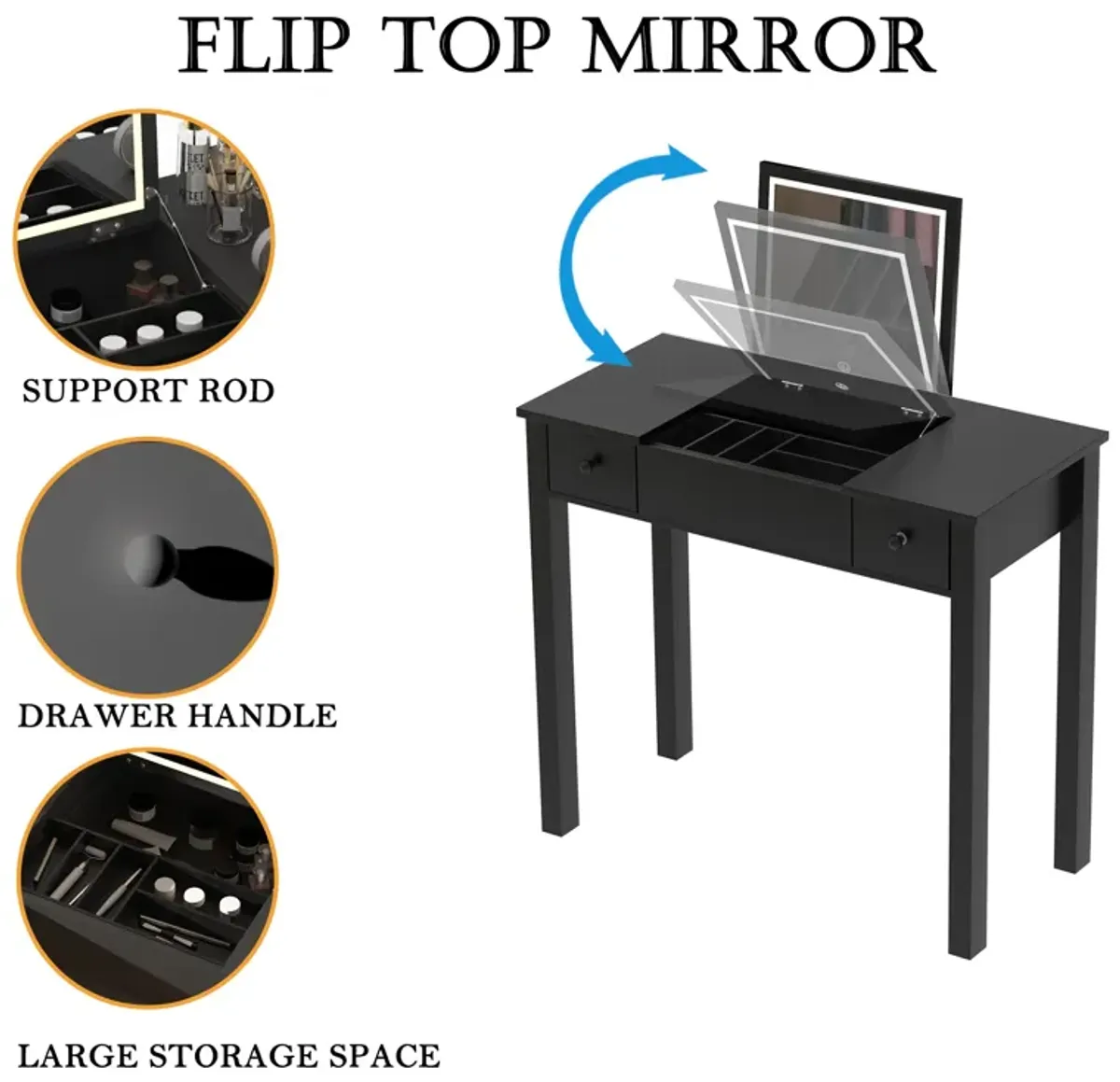 Elegant Black Vanity Table with LED Lights, Flip-Top Mirror and 2 Drawers, Jewelry Storage for Women Dressing