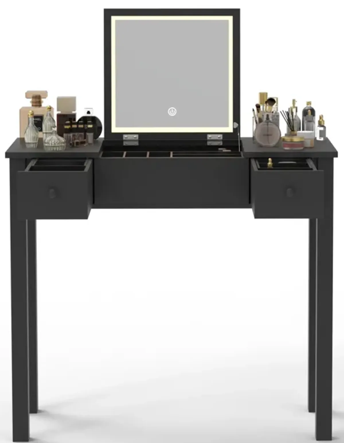 Elegant Black Vanity Table with LED Lights, Flip-Top Mirror and 2 Drawers, Jewelry Storage for Women Dressing