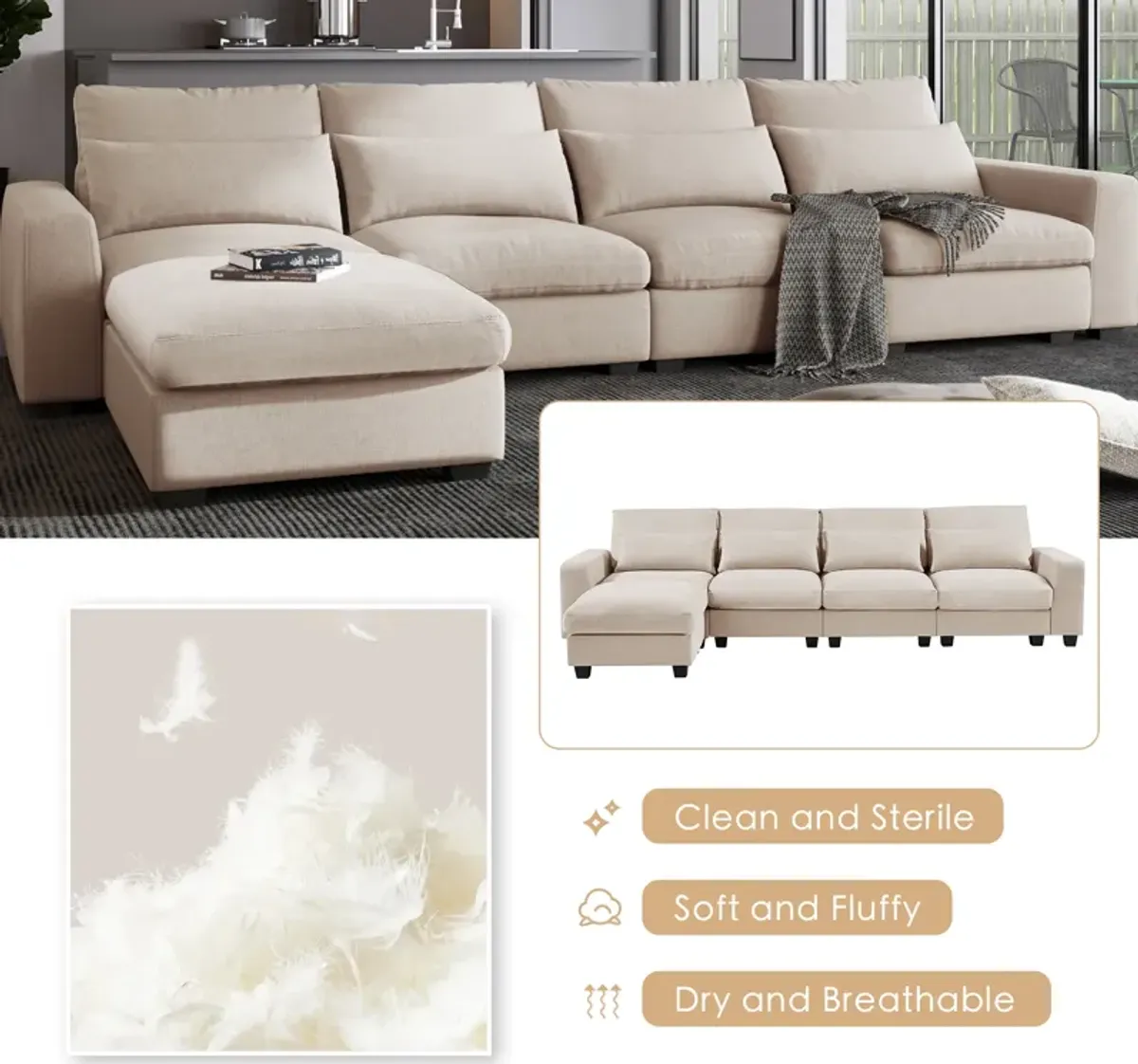 Modern Large L-Shape Feather Filled Sectional Sofa