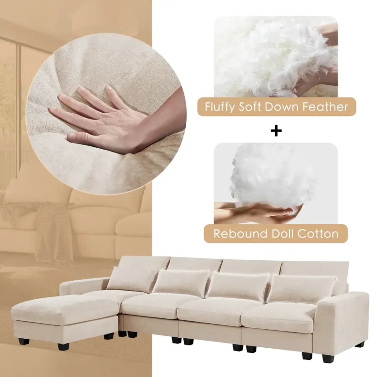 Modern Large L-Shape Feather Filled Sectional Sofa