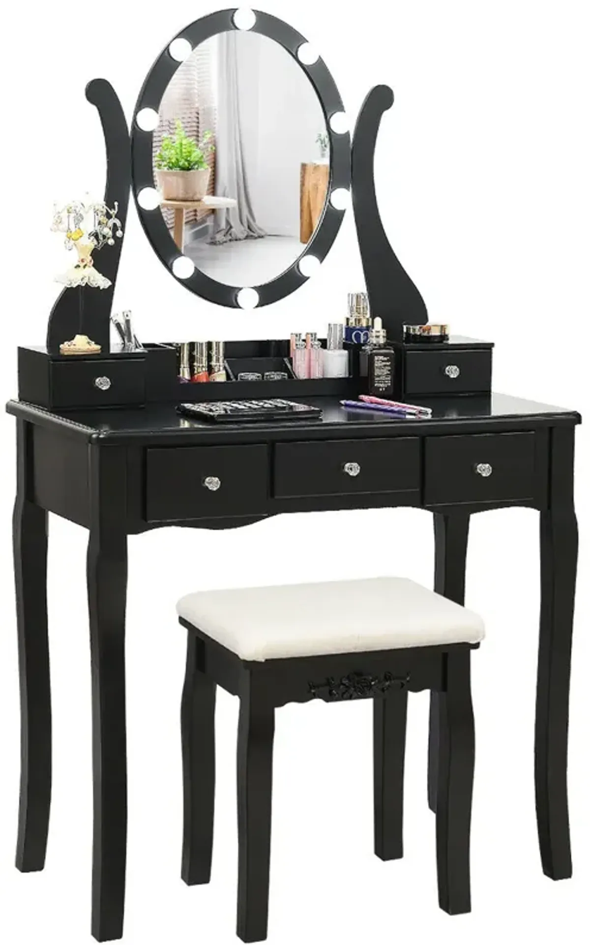 10 Dimmable Lights Vanity Table Set with Lighted Mirror and Cushioned Stool