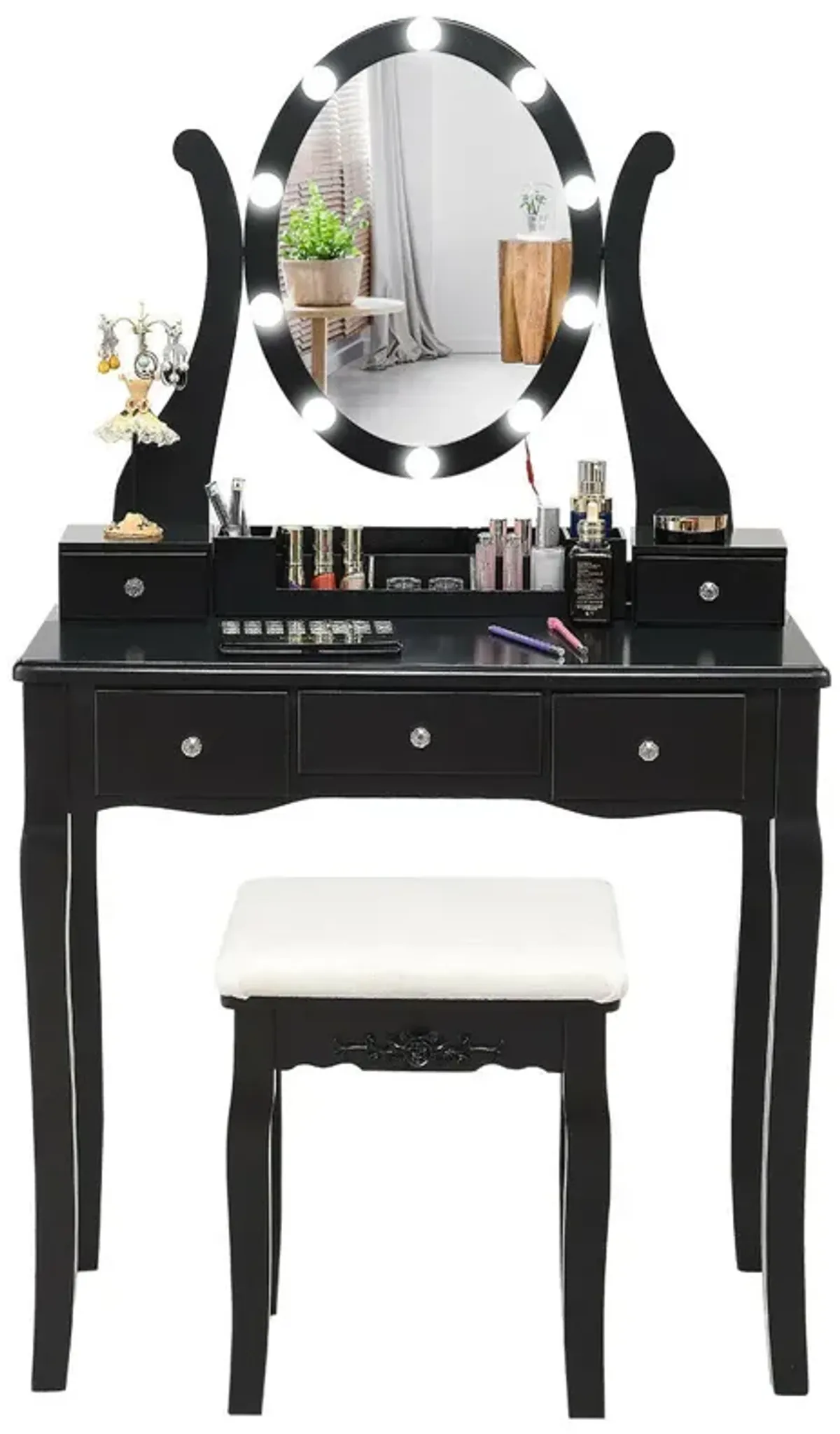 10 Dimmable Lights Vanity Table Set with Lighted Mirror and Cushioned Stool