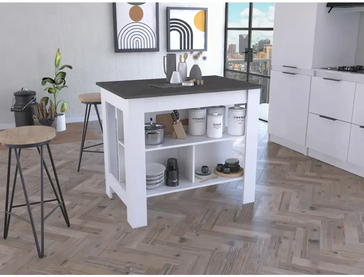 Cala Kitchen Island, Four Legs, Three Shelves - White Onyx