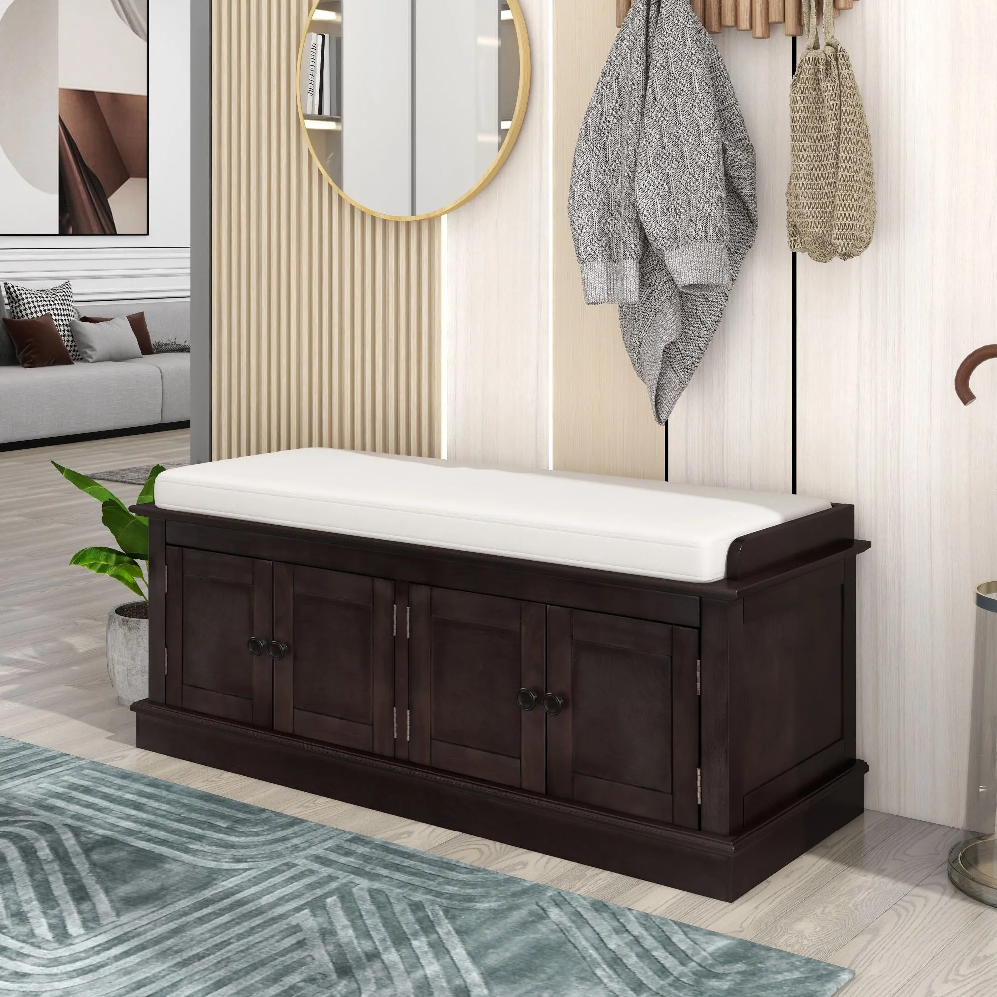 Merax Birch Veneer Entryway Storage Bench with 4 Doors