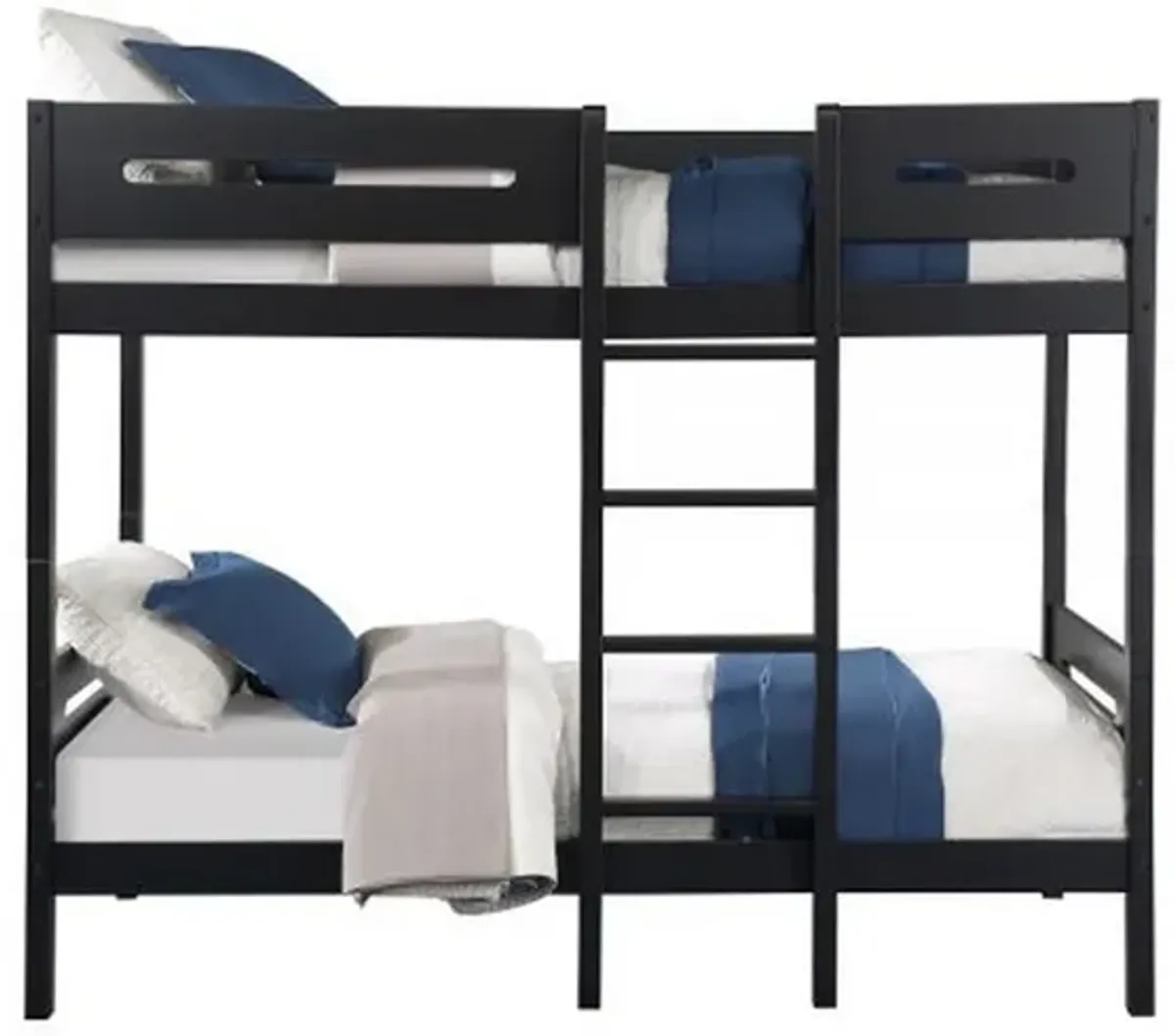 Asin Twin Bunk Bed with Front Facing Ladder, Solid Pine Wood, Black Finish - Benzara