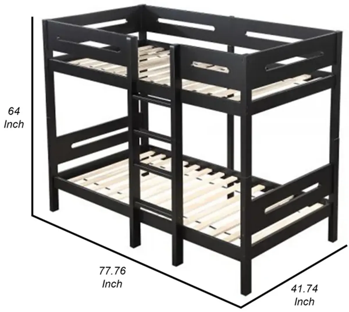 Asin Twin Bunk Bed with Front Facing Ladder, Solid Pine Wood, Black Finish - Benzara