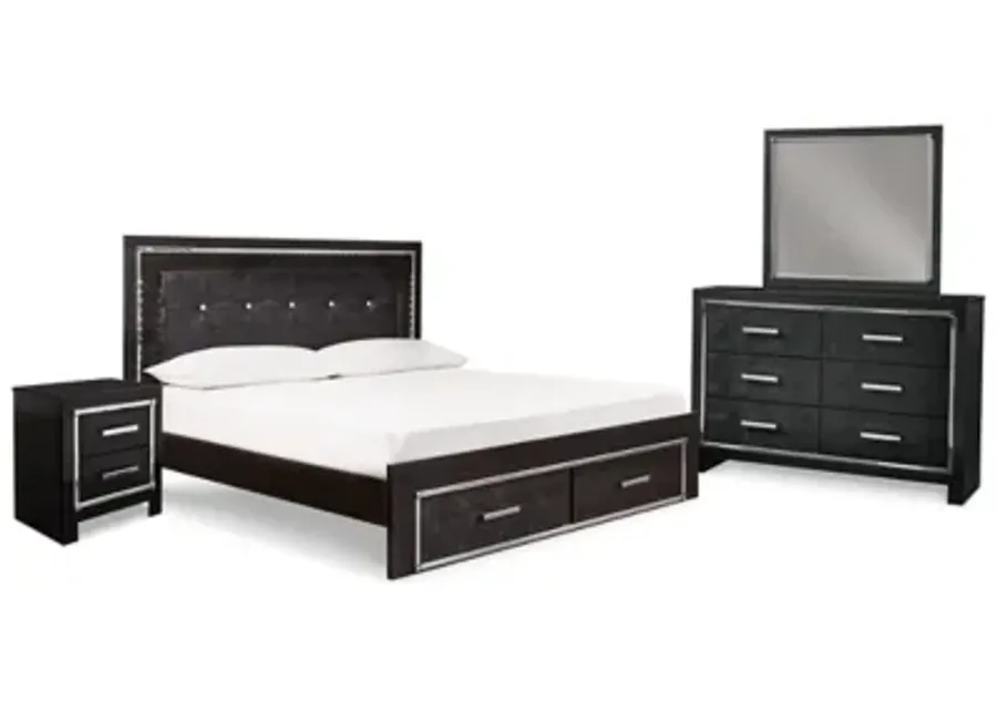 Kaydell King Upholstered Panel Bed, Dresser, Mirror and Nightstand