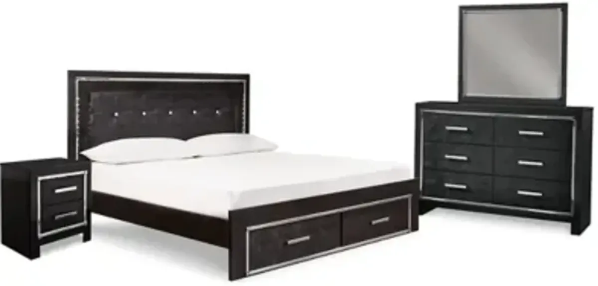 Kaydell King Upholstered Panel Bed, Dresser, Mirror and Nightstand