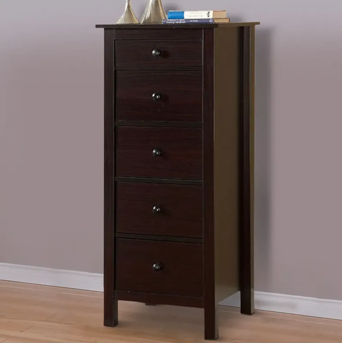 Contemporary Style 5 Drawer Wooden Chest with Straight Legs, Brown-Benzara