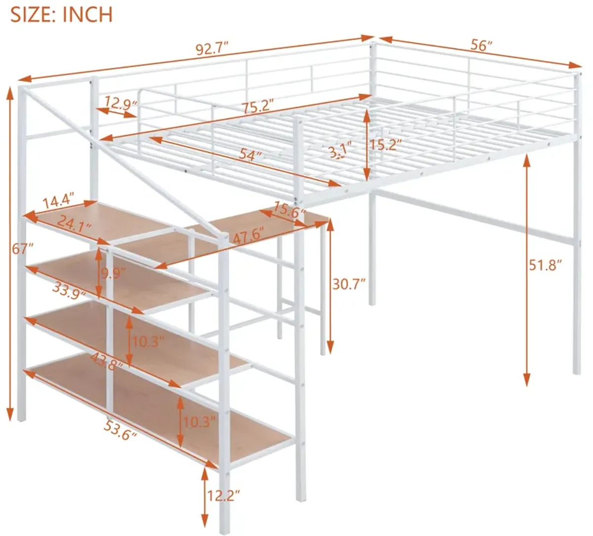 Full Size Metal Loft Bed With Desk And Lateral Storage Ladder