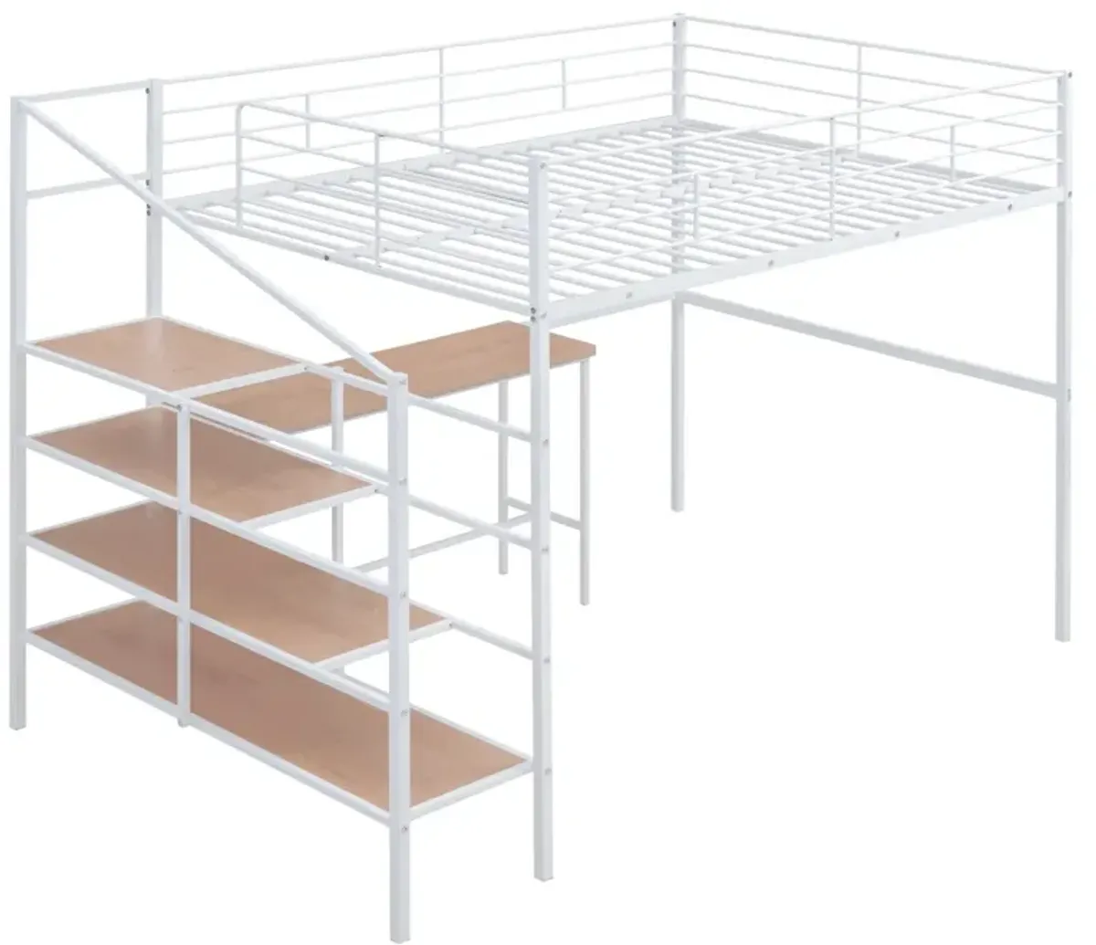 Full Size Metal Loft Bed With Desk And Lateral Storage Ladder