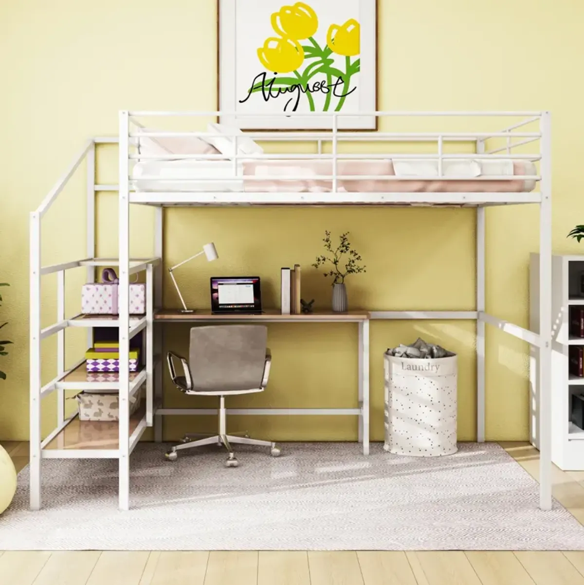 Full Size Metal Loft Bed With Desk And Lateral Storage Ladder