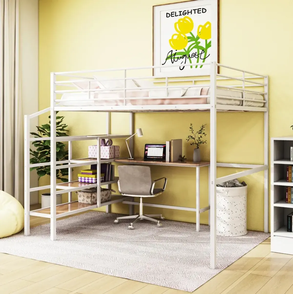 Full Size Metal Loft Bed With Desk And Lateral Storage Ladder