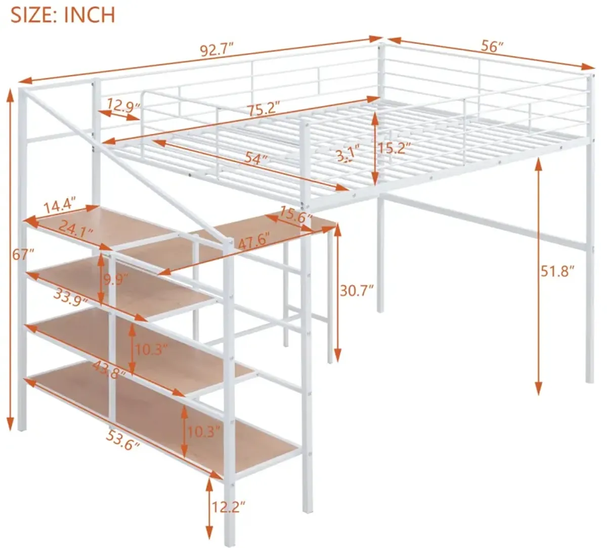 Full Size Metal Loft Bed With Desk And Lateral Storage Ladder