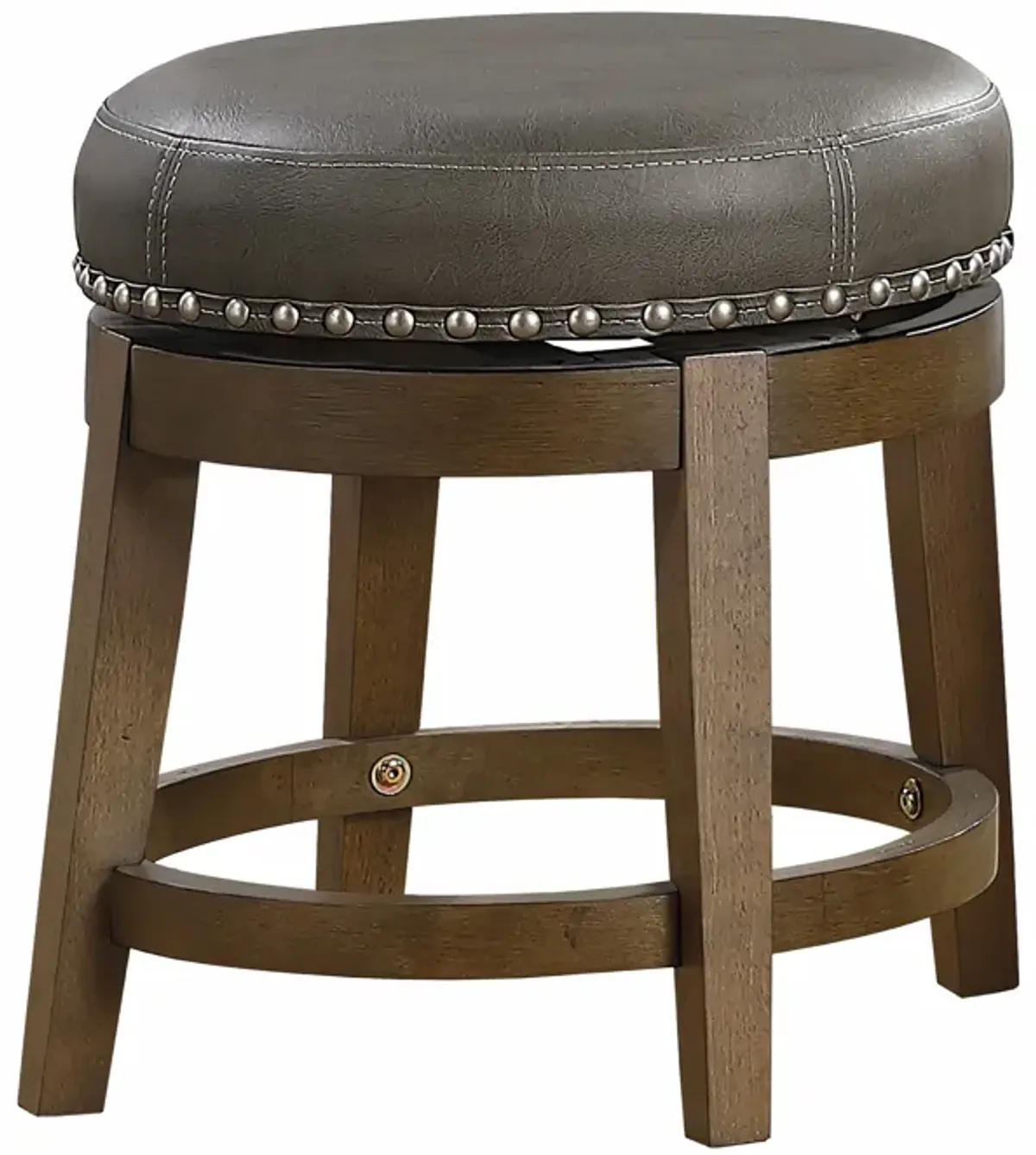 Bara 20 Inch Swivel Dining Stool, Gray Round Faux Leather, Set of 2, Brown - Benzara