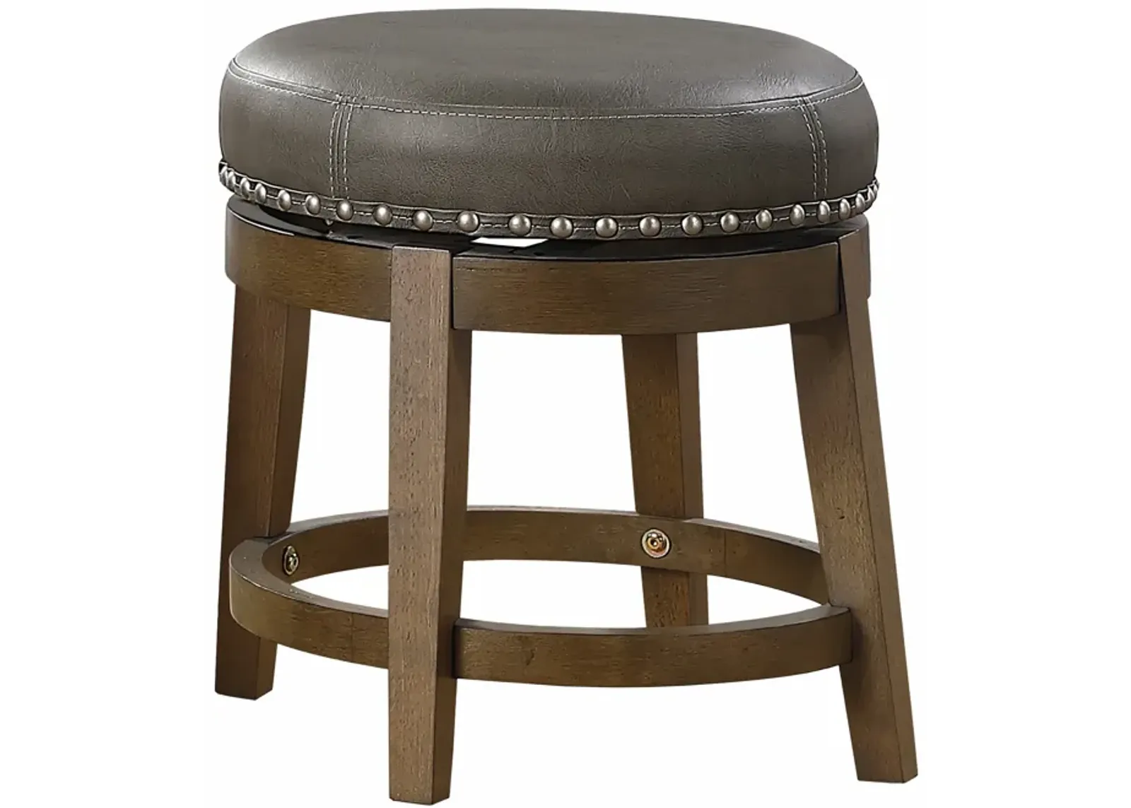 Bara 20 Inch Swivel Dining Stool, Gray Round Faux Leather, Set of 2, Brown - Benzara