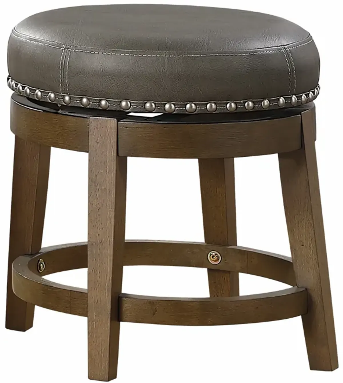 Bara 20 Inch Swivel Dining Stool, Gray Round Faux Leather, Set of 2, Brown - Benzara