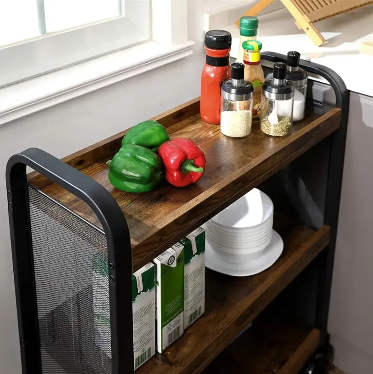 Rustic Brown Rolling Cart Slim Kitchen Cart for Narrow Spaces, Easy Assembly with Casters for Kitchen and Bathroom