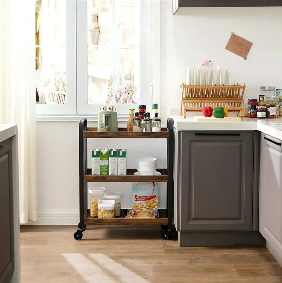 Rustic Brown Rolling Cart Slim Kitchen Cart for Narrow Spaces, Easy Assembly with Casters for Kitchen and Bathroom