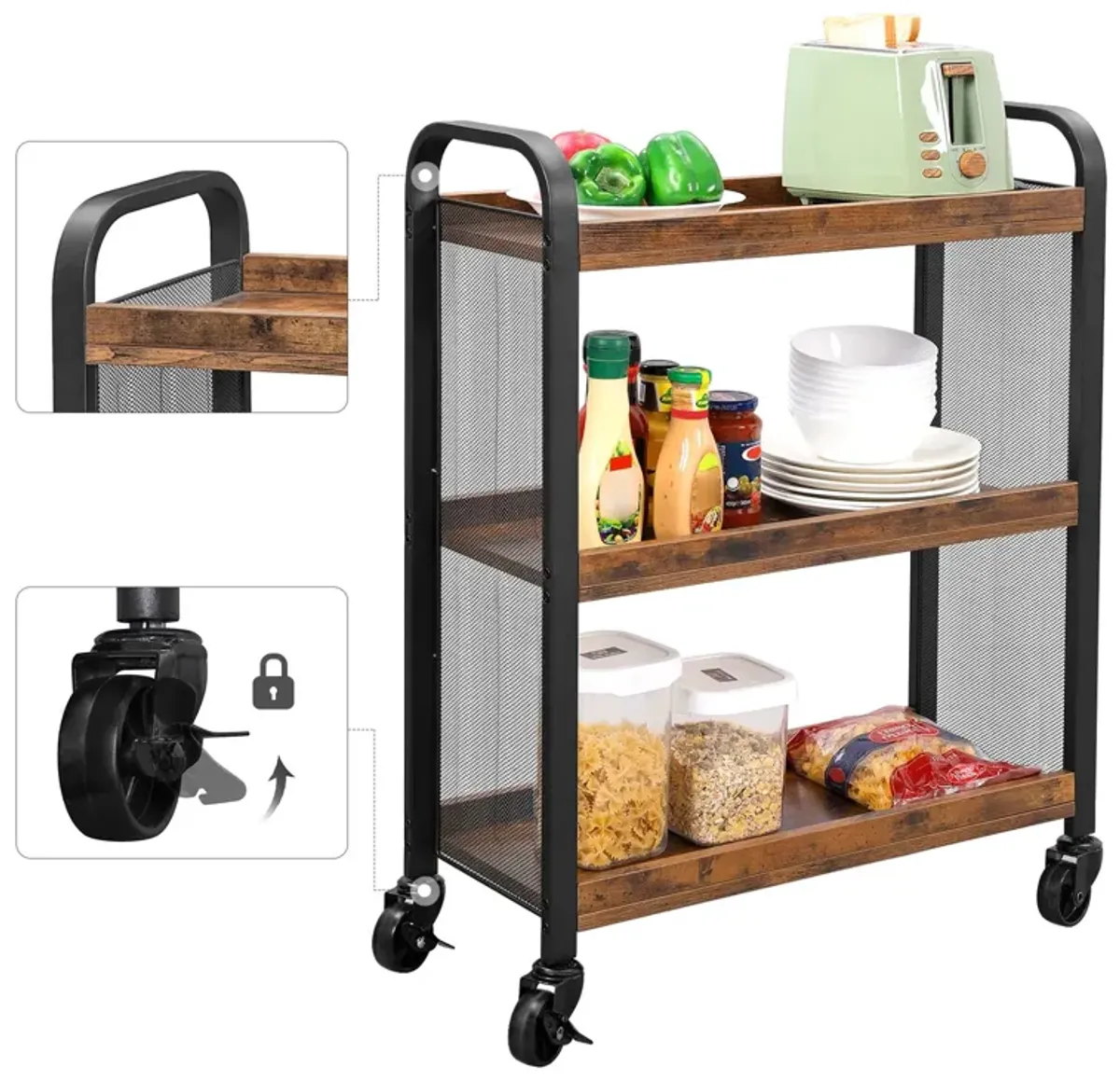 Rustic Brown Rolling Cart Slim Kitchen Cart for Narrow Spaces, Easy Assembly with Casters for Kitchen and Bathroom