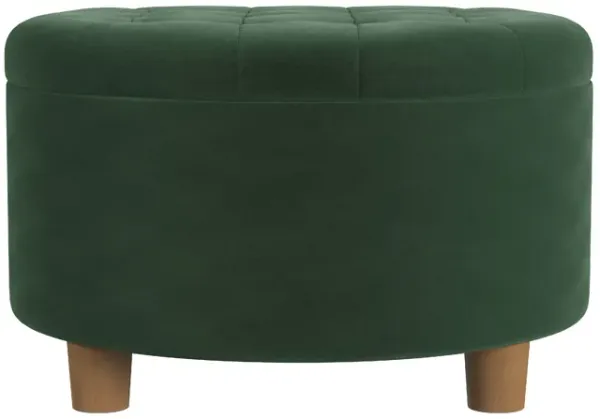 Jo Storage Ottoman, 28 Inch Round Tufted Lift Top, Olive Green Velvet