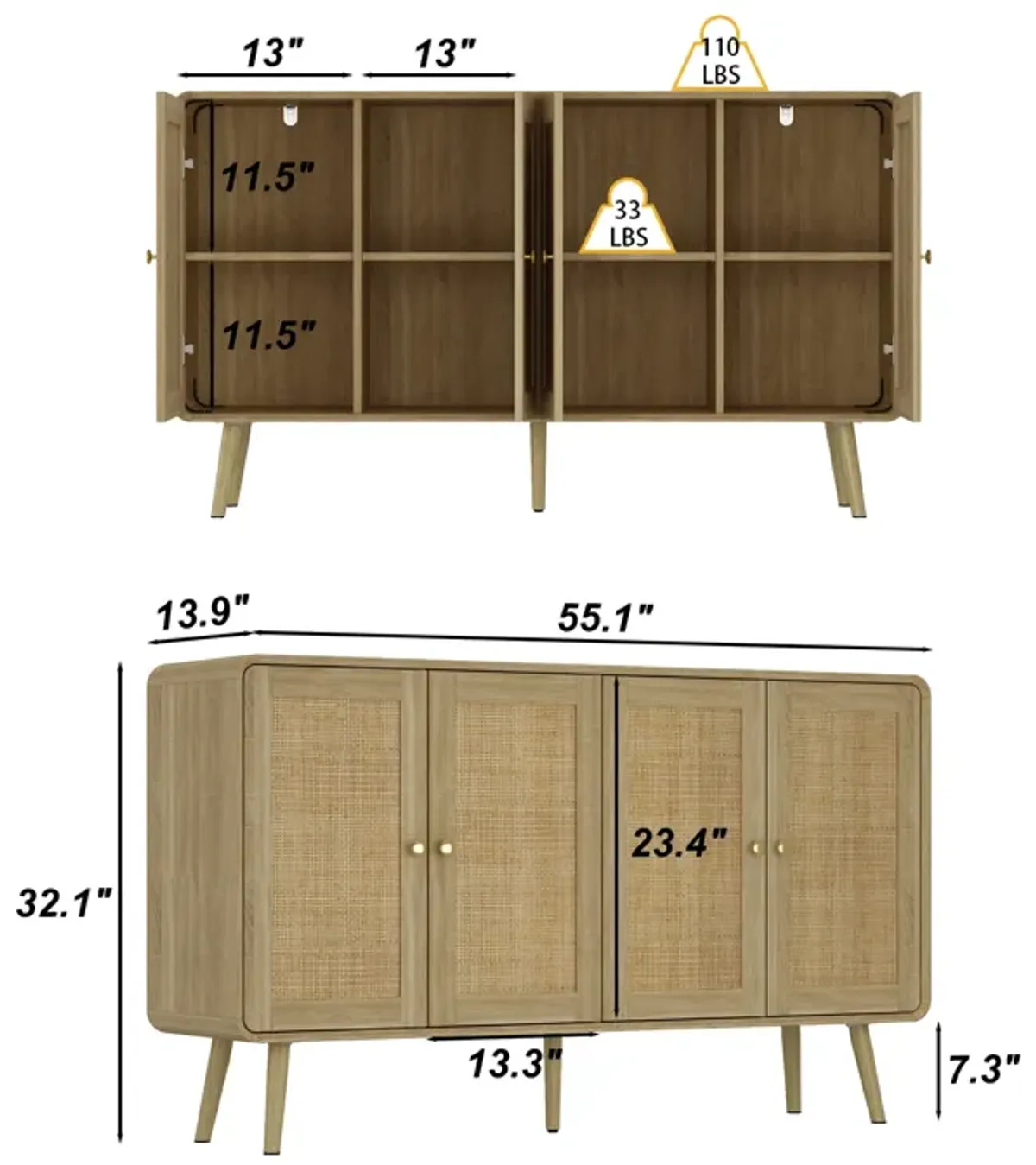 FUFU&GAGA Rattan Bookshelf, Modern Storage Cabinet with 4 Doors, Gold Handles & Solid Wood Legs, Freestanding Bookcase for Home Office, Study Room & Living Room (55.1" W x 32.1" H x 13.9" D), Natural Wood