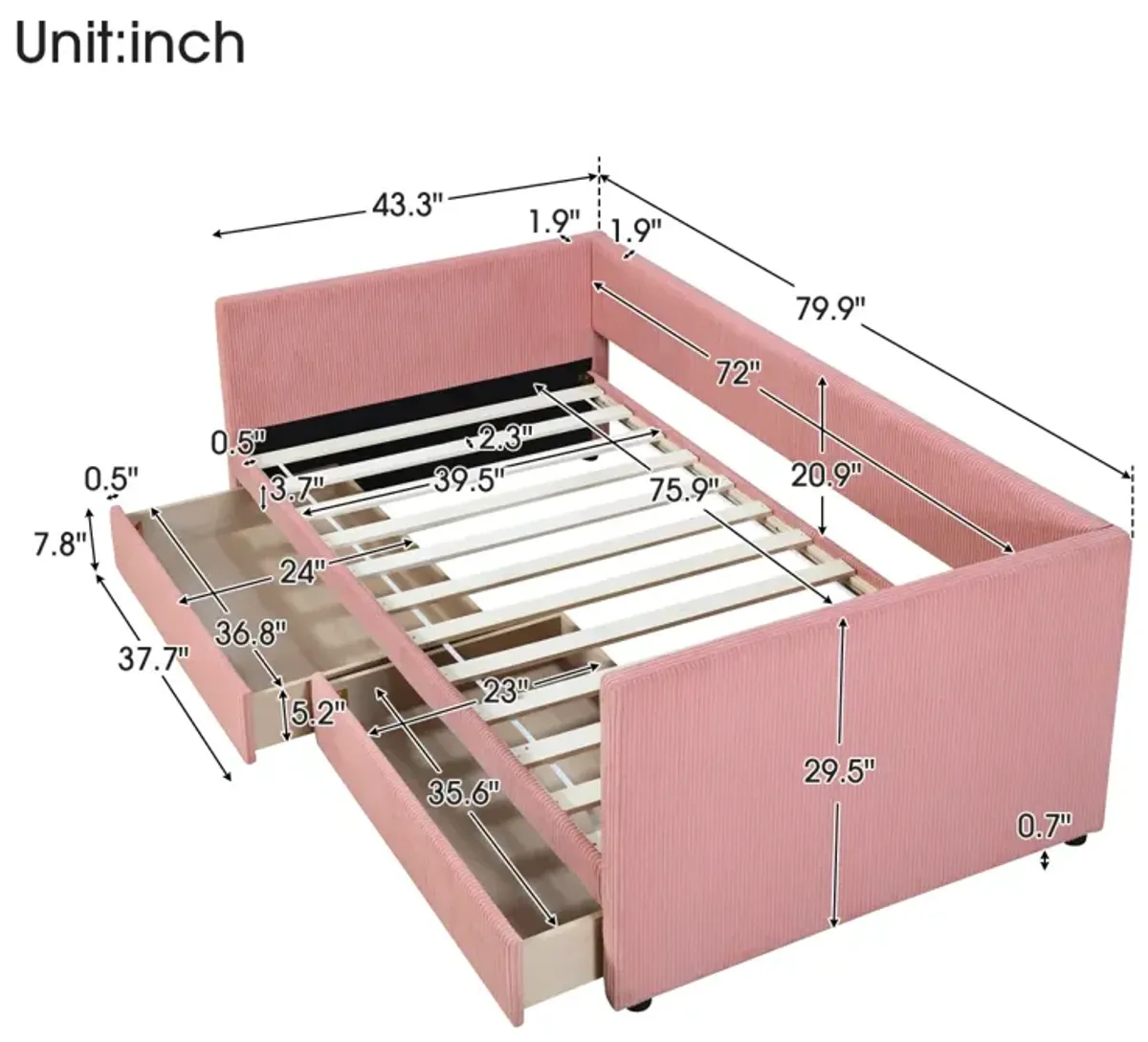 Twin Size Corduroy Daybed With Two Drawers And Wood Slat, Pink