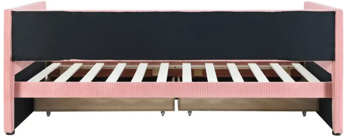 Twin Size Corduroy Daybed With Two Drawers And Wood Slat, Pink