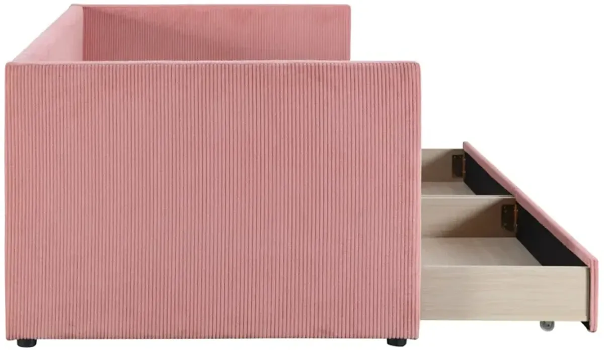 Twin Size Corduroy Daybed With Two Drawers And Wood Slat, Pink