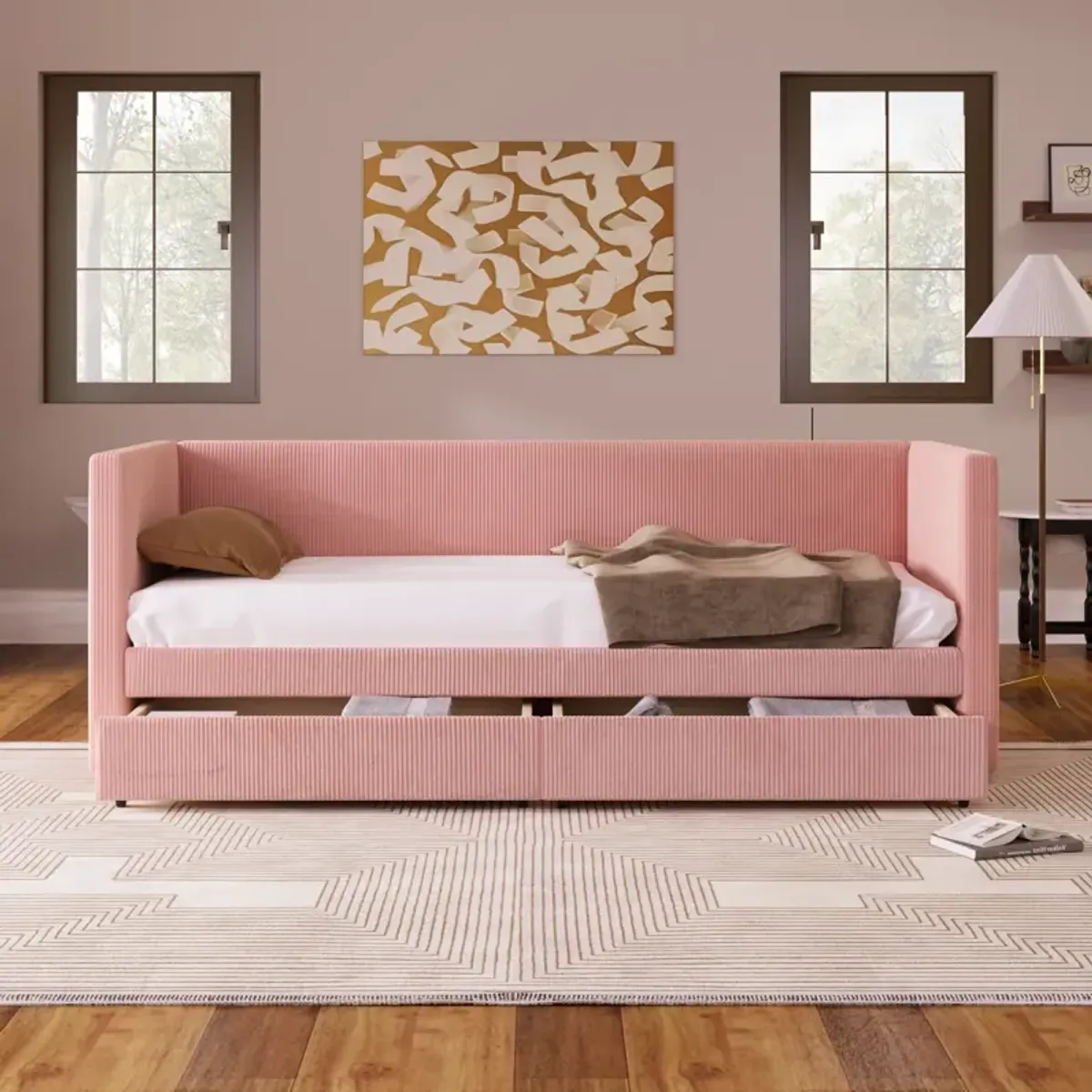 Twin Size Corduroy Daybed With Two Drawers And Wood Slat, Pink