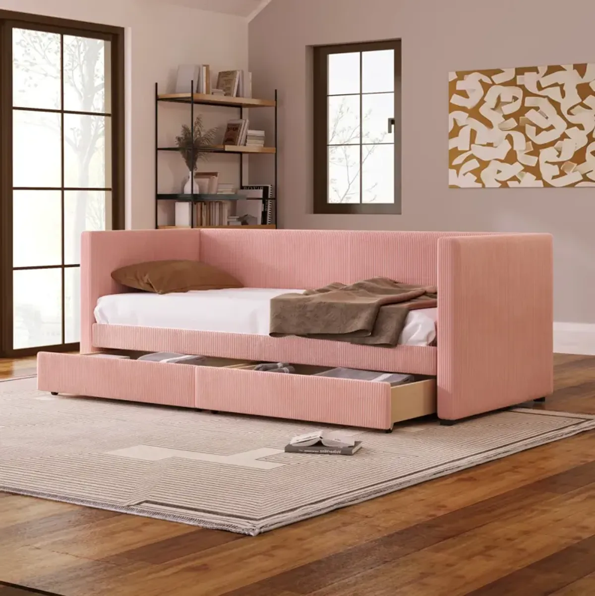 Twin Size Corduroy Daybed With Two Drawers And Wood Slat, Pink