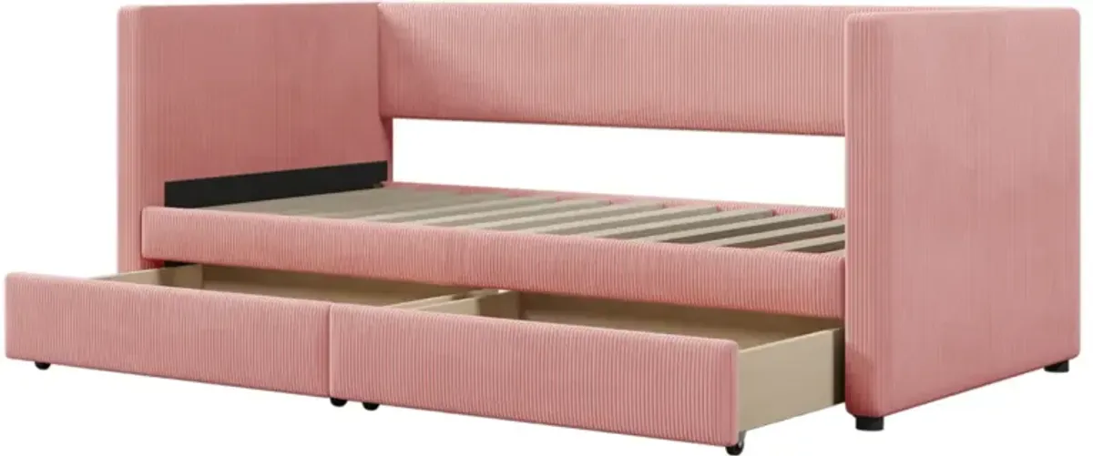 Twin Size Corduroy Daybed With Two Drawers And Wood Slat, Pink