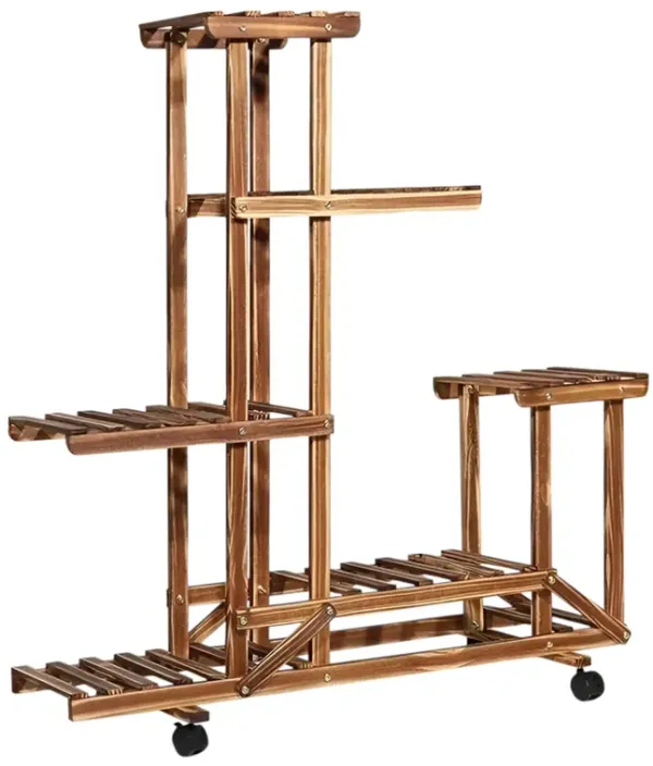 6-Shelf Portable Wooden Flower Pot Plant Stand with Locking Wheels