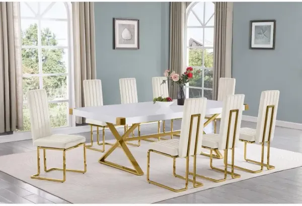 Best Quality Furniture 9pc Large(94) white wood top dining set with gold base and 8 Cream side chairs