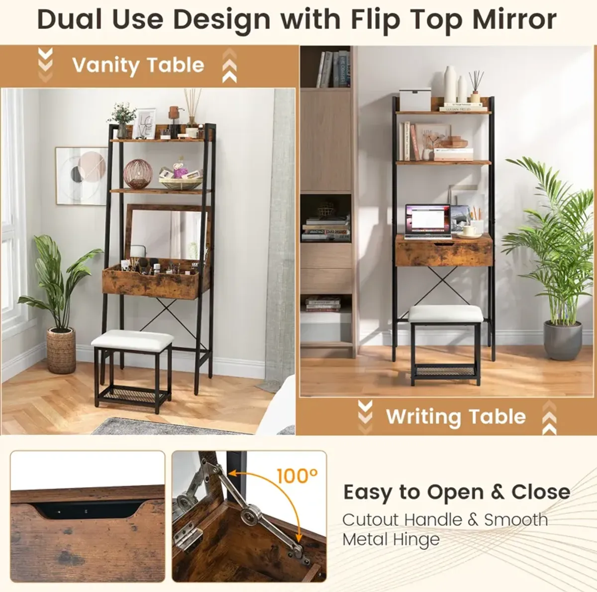 Ladder Vanity Desk Set with Flip Top Mirror and Cushioned Stool