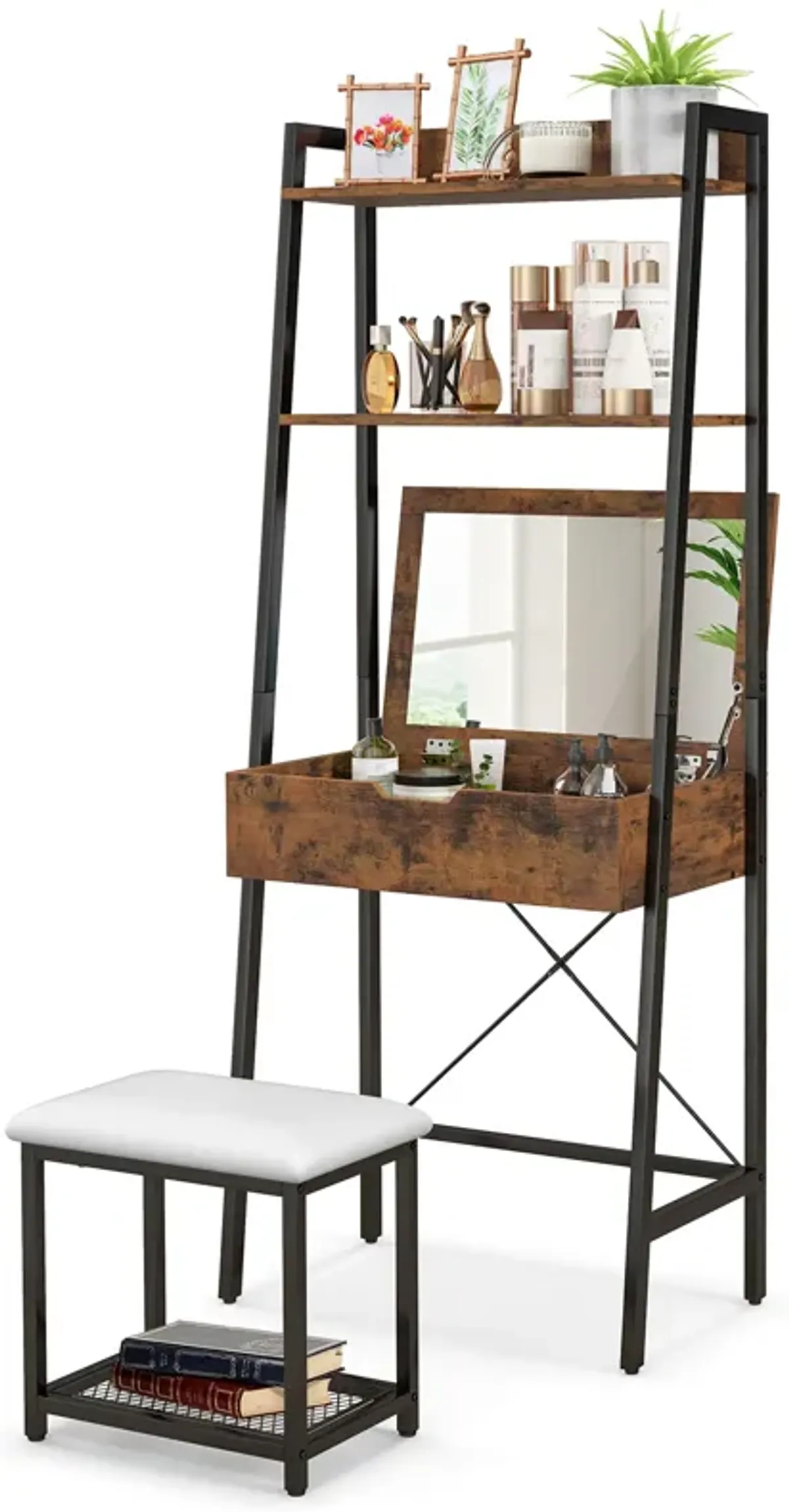 Ladder Vanity Desk Set with Flip Top Mirror and Cushioned Stool