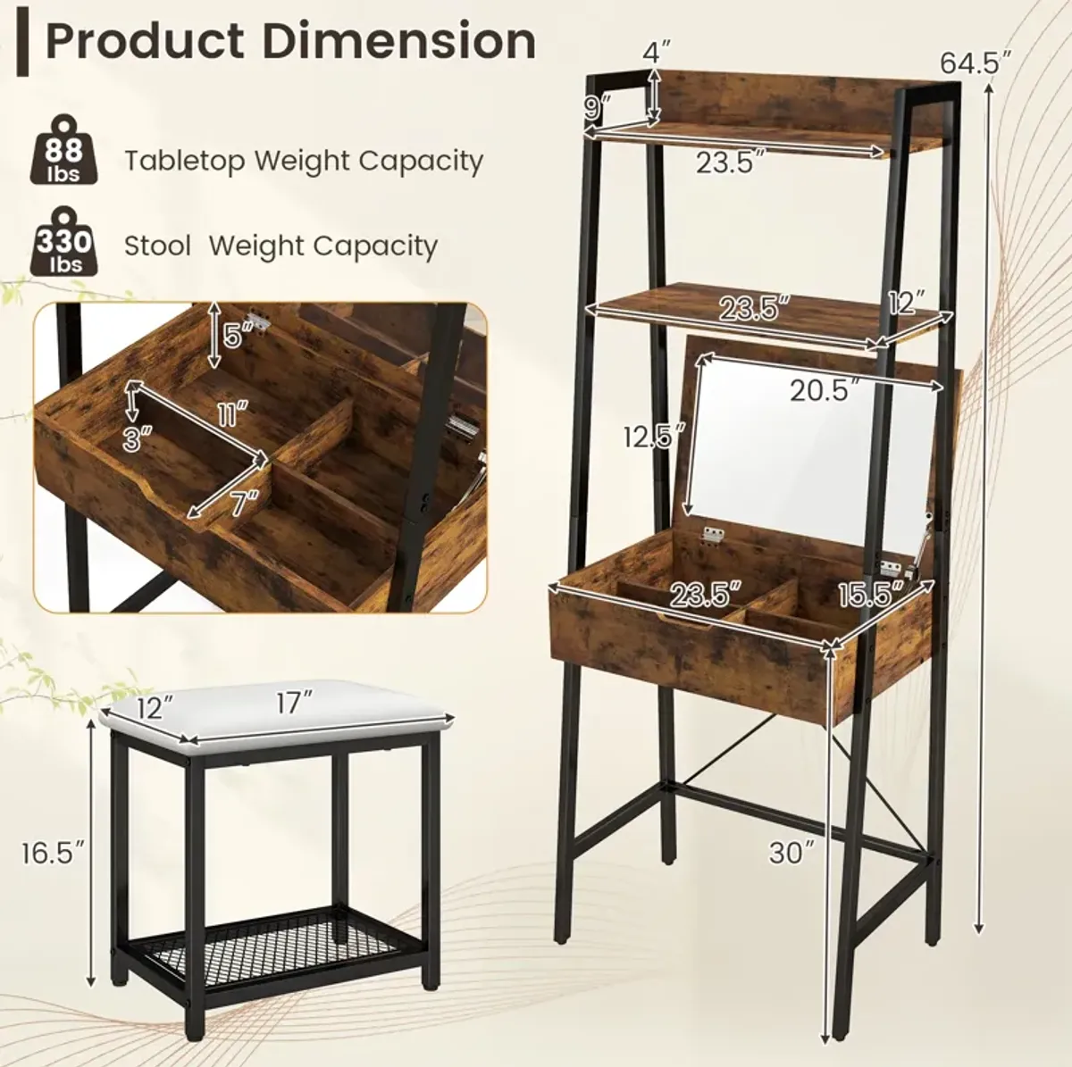 Ladder Vanity Desk Set with Flip Top Mirror and Cushioned Stool