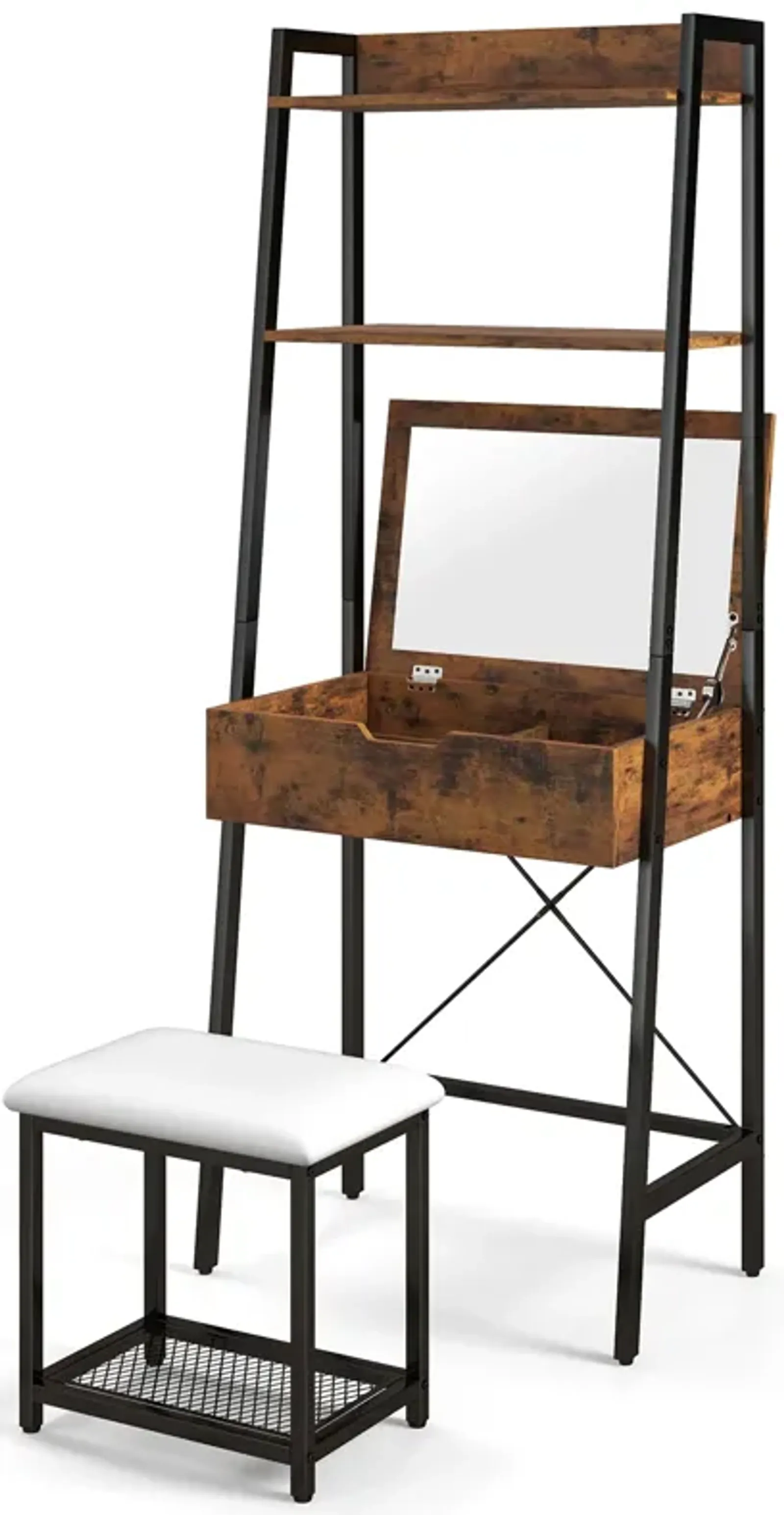 Ladder Vanity Desk Set with Flip Top Mirror and Cushioned Stool