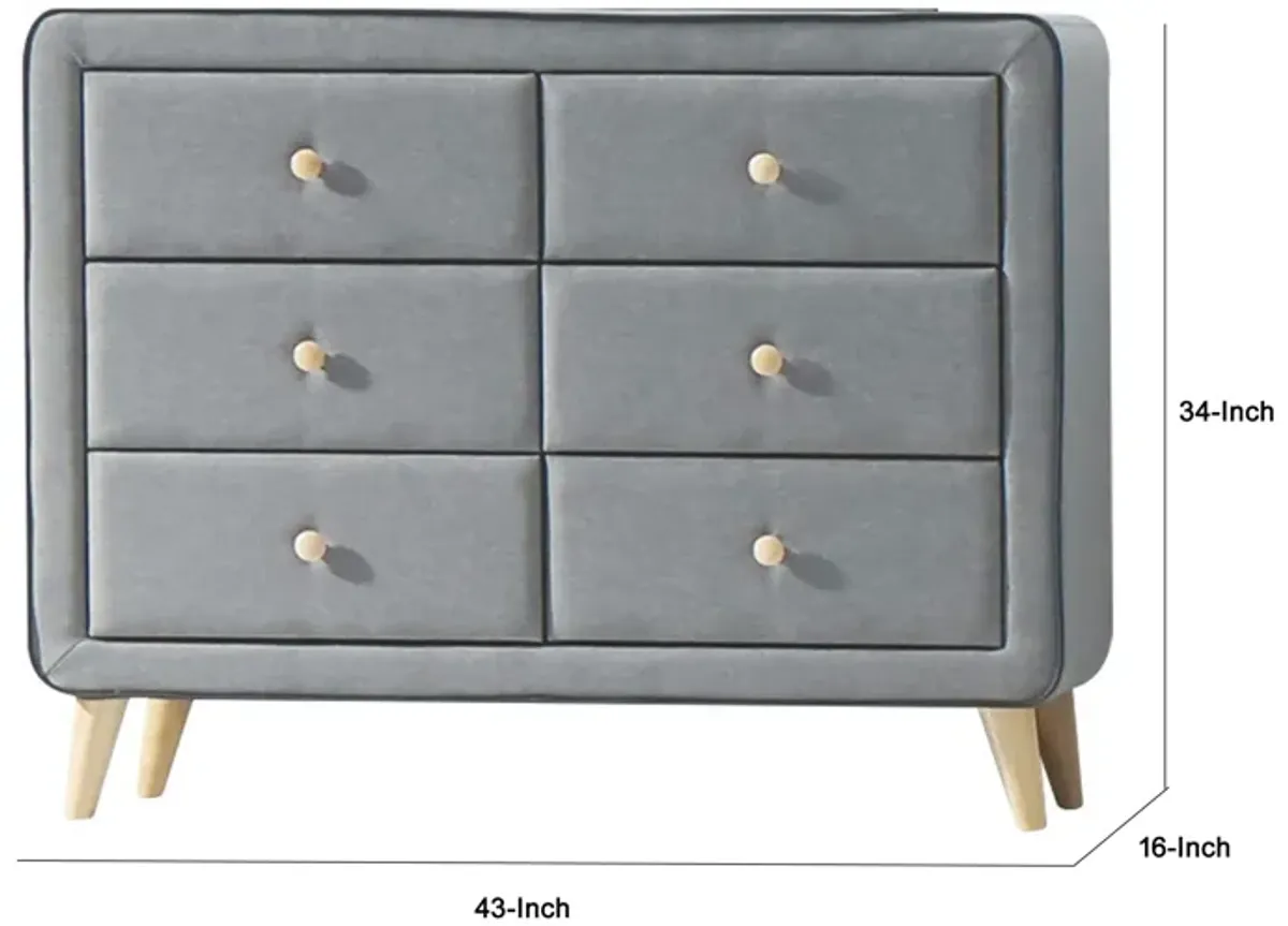 Transitional Style Wood and Fabric Upholstery Dresser with 6 Drawers, Gray-Benzara