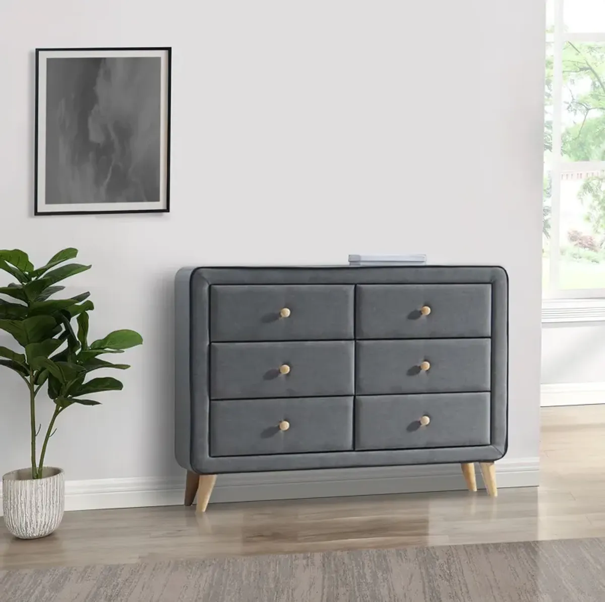 Transitional Style Wood and Fabric Upholstery Dresser with 6 Drawers, Gray-Benzara