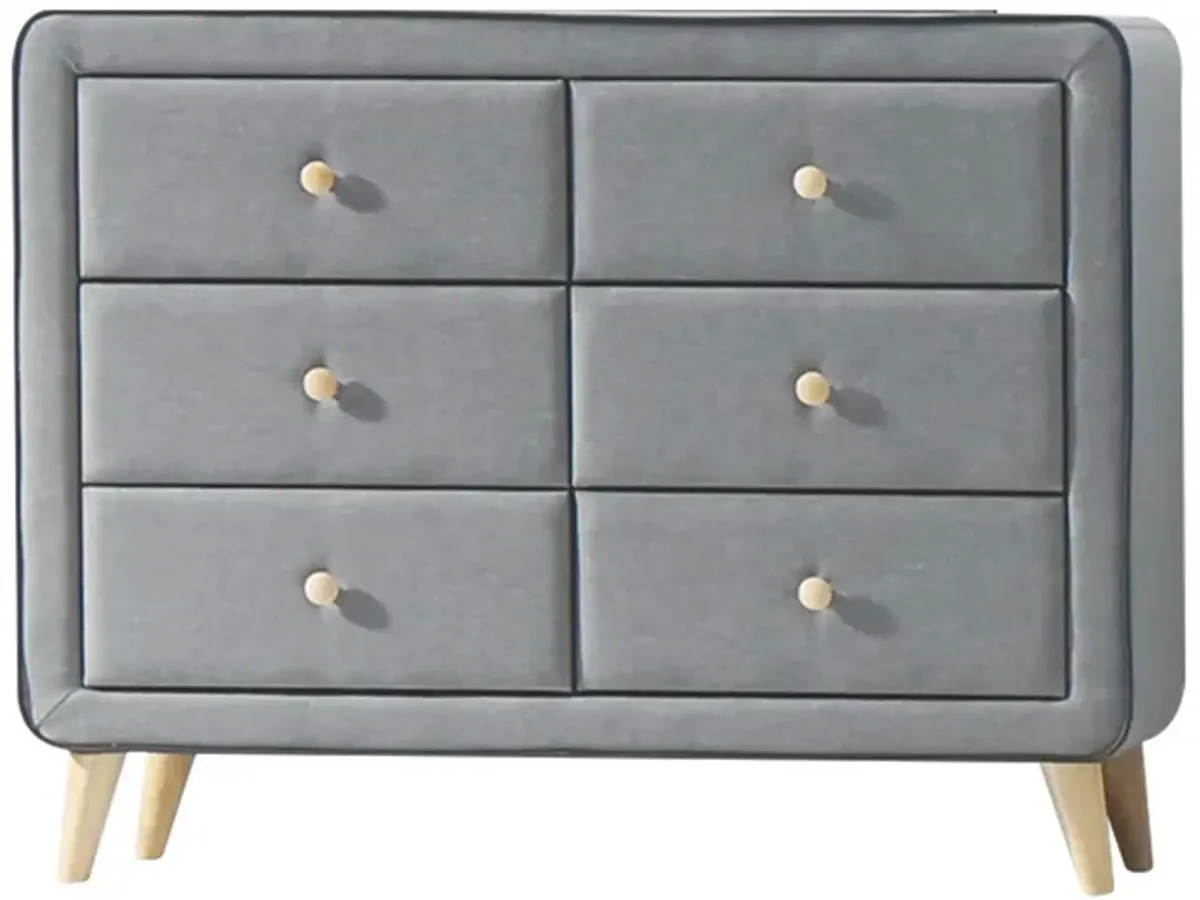 Transitional Style Wood and Fabric Upholstery Dresser with 6 Drawers, Gray-Benzara