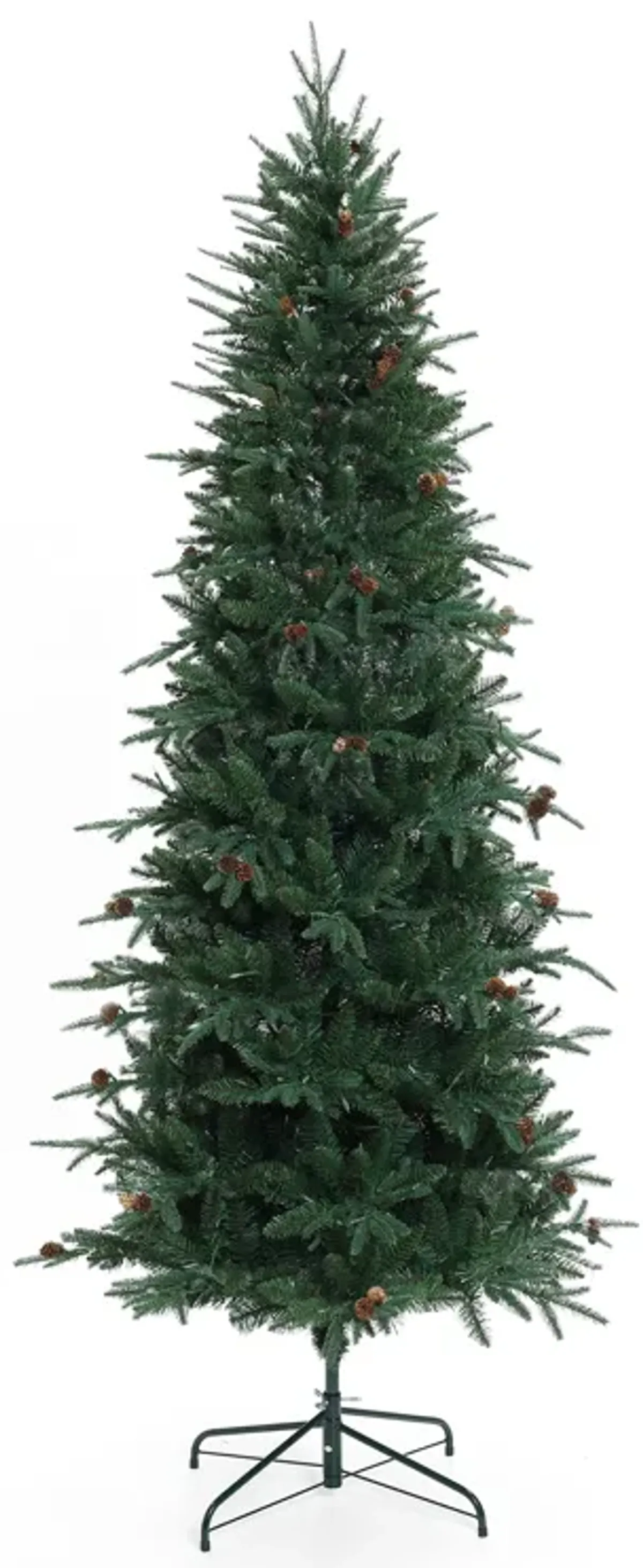 LuxenHome 7.5Ft Pre-Lit Green Slender Artificial Christmas Tree with Pine Cones