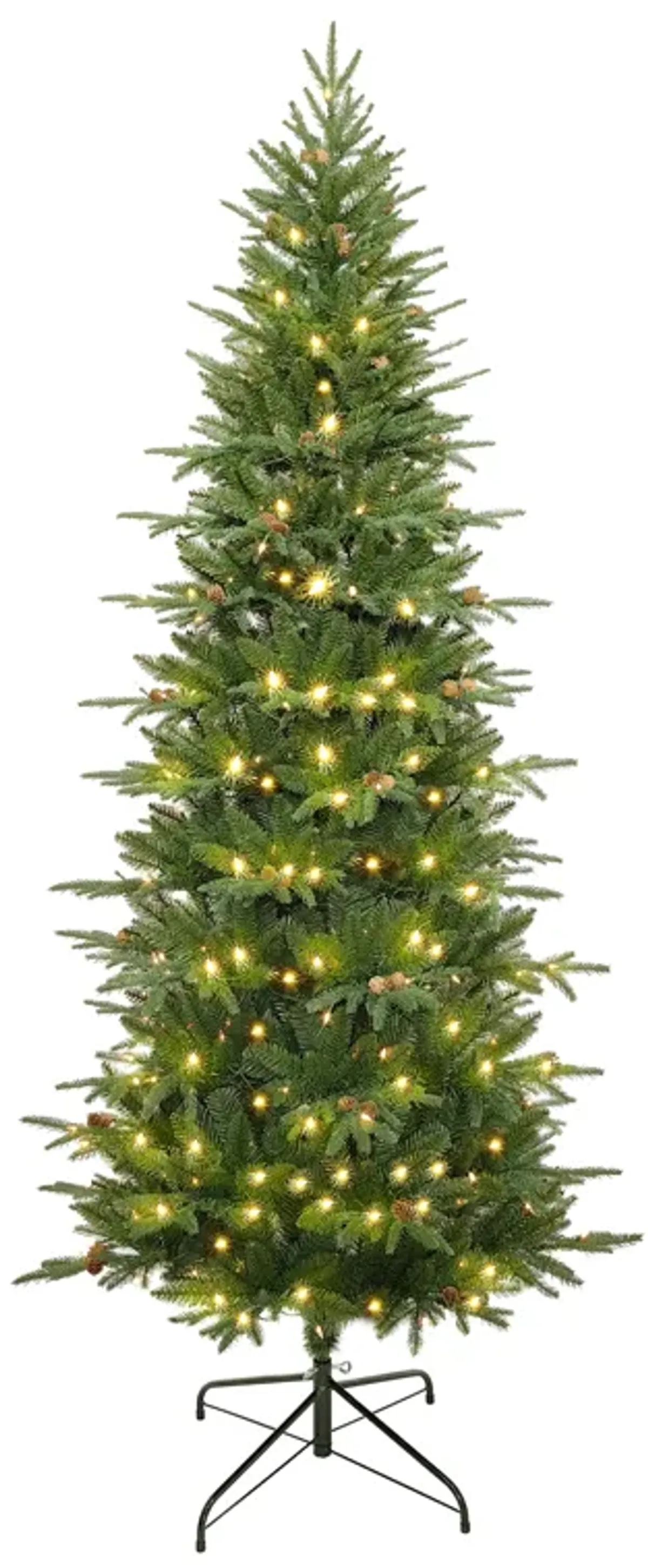 LuxenHome 7.5Ft Pre-Lit Green Slender Artificial Christmas Tree with Pine Cones