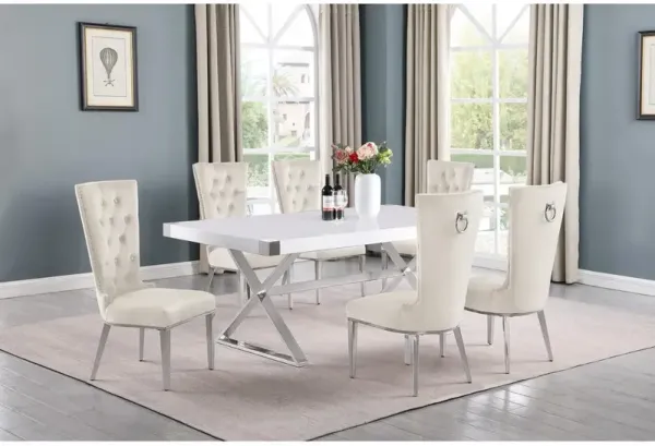 Best Quality Furniture 7pc Small(78) white wood top dining set with silver base and 6 chairs