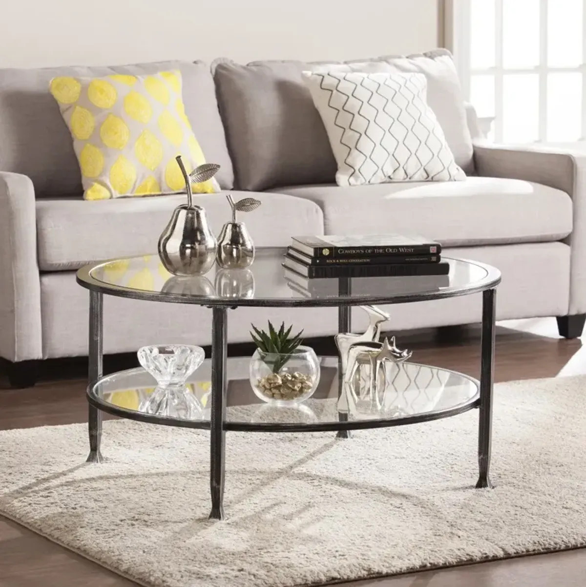 Hivvago 36" Black Glass And Metal Round Coffee Table