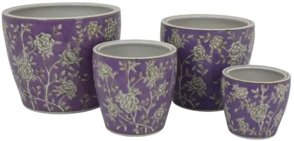 Kerry Accent Planter Pot Set of 4, Purple Floral Pattern White Ceramic - Benzara