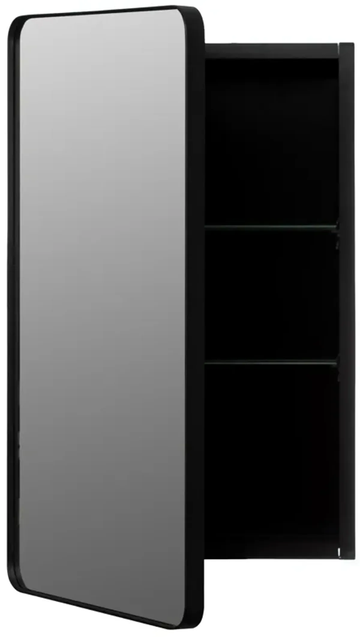 Basicwise Multi-Purpose Aluminum Bathroom Storage Medicine Cabinet - Beveled Edge Mirror and Sleek Round Corner Frame with 2 Adjustable Shelves, Recessed or Surface Mount Installation, Black Finish