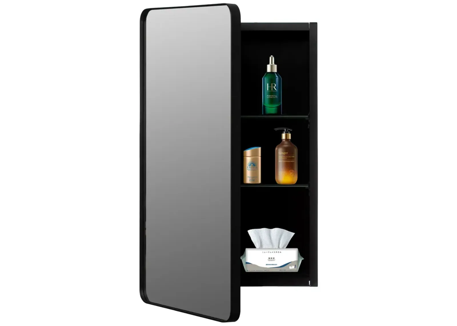 Basicwise Multi-Purpose Aluminum Bathroom Storage Medicine Cabinet - Beveled Edge Mirror and Sleek Round Corner Frame with 2 Adjustable Shelves, Recessed or Surface Mount Installation, Black Finish