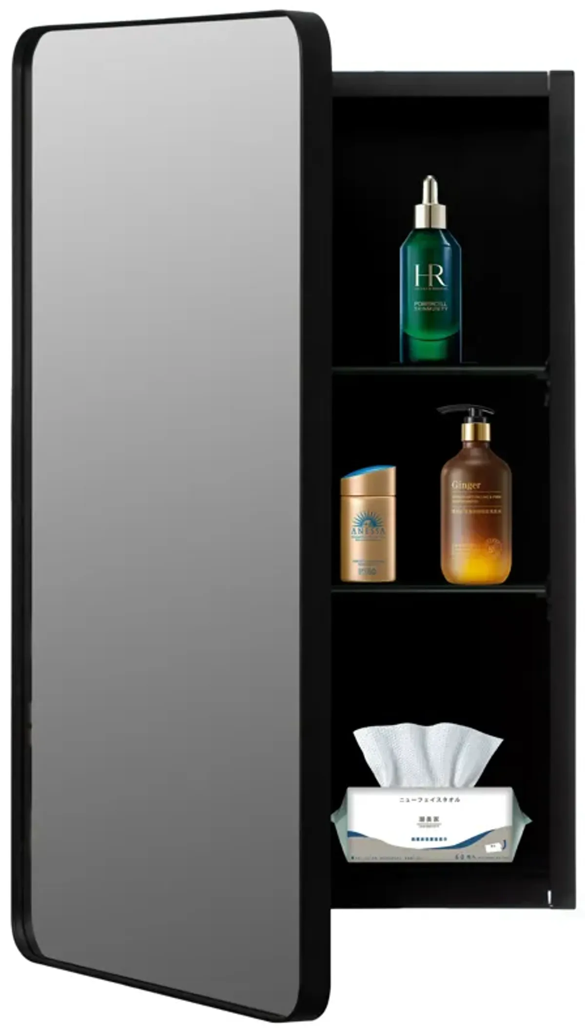 Basicwise Multi-Purpose Aluminum Bathroom Storage Medicine Cabinet - Beveled Edge Mirror and Sleek Round Corner Frame with 2 Adjustable Shelves, Recessed or Surface Mount Installation, Black Finish