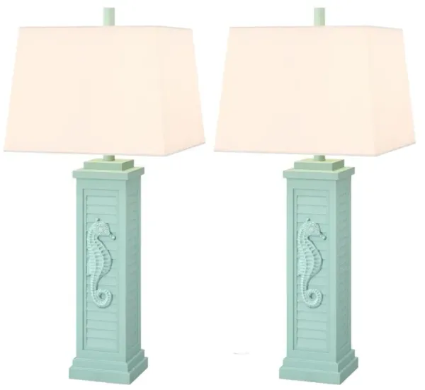 Hivvago Set of Two 32" Turquoise Seahorse Shutter USB Table Lamps With White Shade